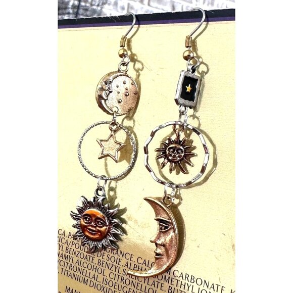 Celestial Sun Moon Stars Earrings Dangle Tarot Halloween Eclectic Mismatched - Picture 7 of 12